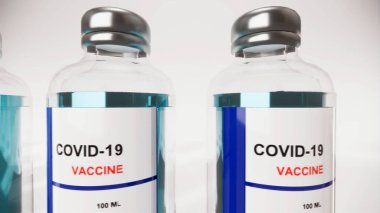 Coronavirus Aşı İnsanları kavramı. Eczacılık İlaçları Salgın Covid-19 'a karşı. Global Danger 2019-ncov.3d üretiminde kullanılan tıbbi aşı şişesi. .