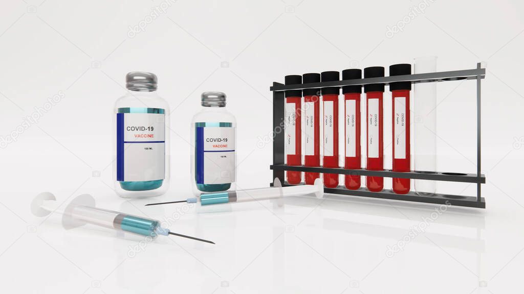 Concept of Coronavirus Vaccination People. Pharmacology Drugs against Pandemic Covid-19. Medical Vaccine bottle from Global Danger 2019-ncov.3d rendering .