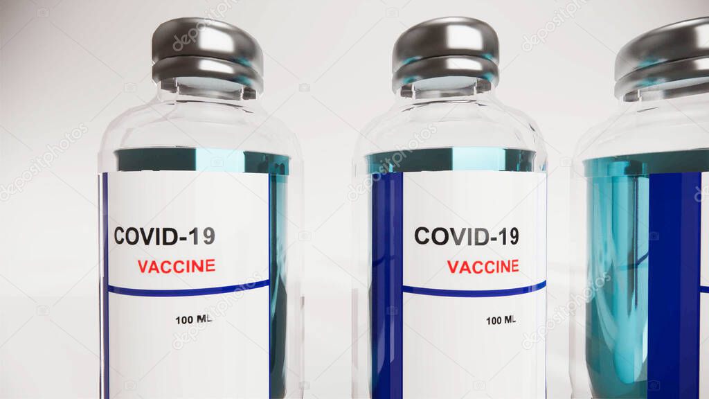 Concept of Coronavirus Vaccination People. Pharmacology Drugs against Pandemic Covid-19. Medical Vaccine bottle from Global Danger 2019-ncov.3d rendering .