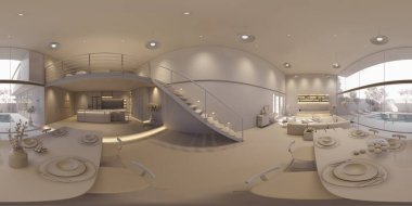 3D illüstrasyon küresel 360 vr derece, odanın ve dairenin kusursuz manzarası. iç tasarım 3D görüntüleme. Modern panoramik bir evde resepsiyon.