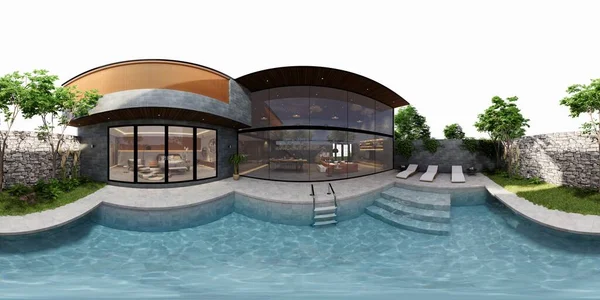3D说明球面360度 房间和公寓的无缝全景 室内设计3D渲染 现代全景住宅的接待处 — 图库照片