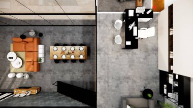 3D görüntüleme. İç mekan modern mutfaklı açık yaşam alanı. Çatı katı tarzı Duplex apartmanı. Ev dekorasyonu, iç tasarım..