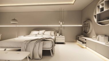 3D görüntüleme. İç mekan modern mutfaklı açık yaşam alanı. Çatı katı tarzı Duplex apartmanı. Ev dekorasyonu, iç tasarım..