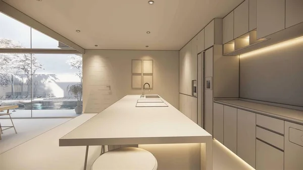 Rendement Maison Intérieure Moderne Espace Vie Ouvert Avec Cuisine Loft — Photo