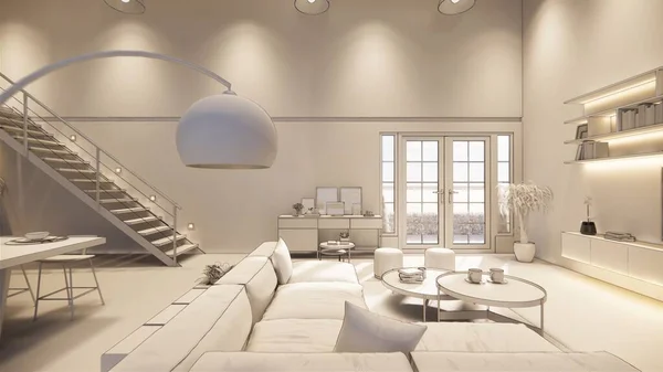 렌더링 현대적 Loft 스타일 Duplex 아파트 럭셔리 인테리어 디자인 — 스톡 사진