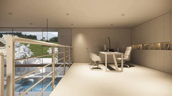 Renderizado Casa Interior Moderna Sala Estar Abierta Con Kitchen Loft — Foto de Stock