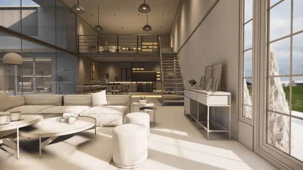 Renderowanie Wnętrze Domu Nowoczesny Otwarty Salon Kuchnią Loft Stylu Duplex — Zdjęcie stockowe