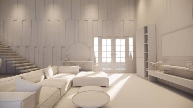 3D görüntüleme. İç mekan modern mutfaklı açık yaşam alanı. Çatı katı tarzı Duplex apartmanı. Ev dekorasyonu, iç tasarım..