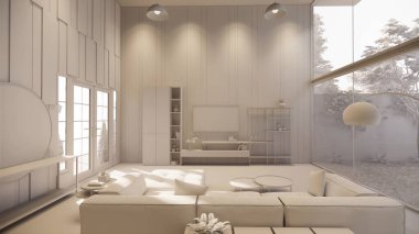 3D görüntüleme. İç mekan modern mutfaklı açık yaşam alanı. Çatı katı tarzı Duplex apartmanı. Ev dekorasyonu, iç tasarım..