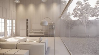 3D görüntüleme. İç mekan modern mutfaklı açık yaşam alanı. Çatı katı tarzı Duplex apartmanı. Ev dekorasyonu, iç tasarım..