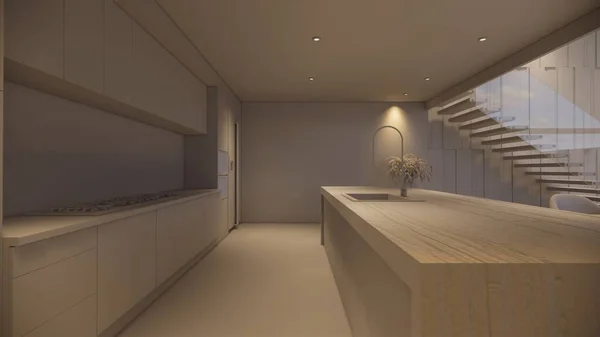 Renderizado Casa Interior Moderna Sala Estar Abierta Con Kitchen Loft — Foto de Stock