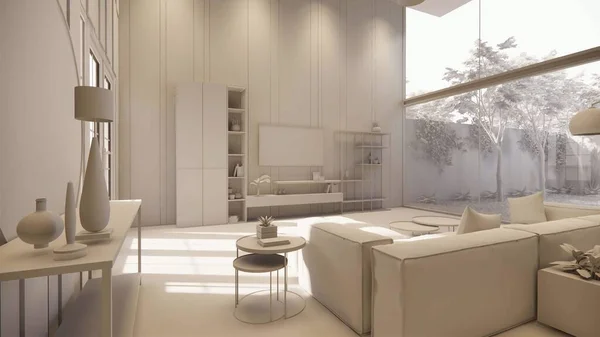 Renderizado Casa Interior Moderna Sala Estar Abierta Con Kitchen Loft — Foto de Stock