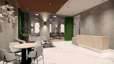 İçi boş Modern Çatı Ofisi açık uzay modern ofis manzarası. Modern açık konsept lobi ve resepsiyon odası tasarımı. 3dRending .