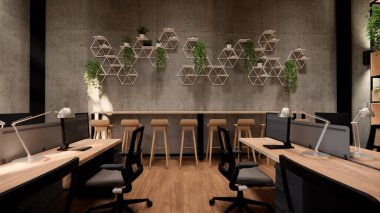 İçi boş Modern Çatı Ofisi açık uzay modern ofis manzarası. Modern açık konsept lobi ve resepsiyon odası tasarımı. 3dRending .