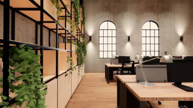 İçi boş Modern Çatı Ofisi açık uzay modern ofis manzarası. Modern açık konsept lobi ve resepsiyon odası tasarımı. 3dRending .