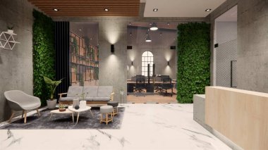 İçi boş Modern Çatı Ofisi açık uzay modern ofis manzarası. Modern açık konsept lobi ve resepsiyon odası tasarımı. 3dRending .