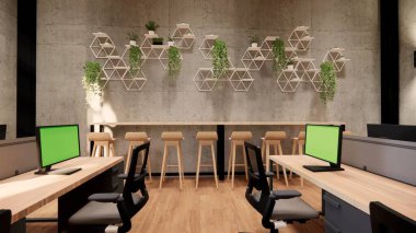 İçi boş Modern Çatı Ofisi açık uzay modern ofis manzarası. Modern açık konsept lobi ve resepsiyon odası tasarımı. 3dRending .