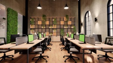 İçi boş Modern Çatı Ofisi açık uzay modern ofis manzarası. Modern açık konsept lobi ve resepsiyon odası tasarımı. 3dRending .