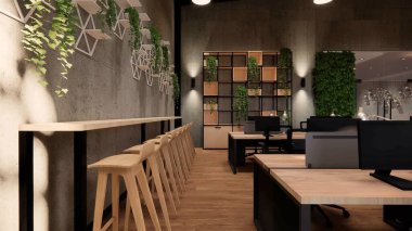 İçi boş Modern Çatı Ofisi açık uzay modern ofis manzarası. Modern açık konsept lobi ve resepsiyon odası tasarımı. 3dRending .