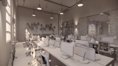 İçi boş Modern Çatı Ofisi açık uzay modern ofis manzarası. Modern açık konsept lobi ve resepsiyon odası tasarımı. 3dRending .