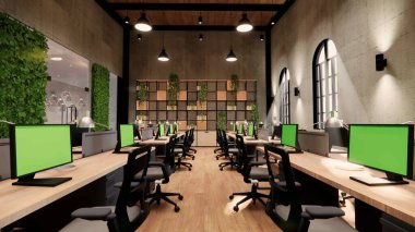 İçi boş Modern Çatı Ofisi açık uzay modern ofis manzarası. Modern açık konsept lobi ve resepsiyon odası tasarımı. 3dRending .