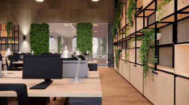İçi boş Modern Çatı Ofisi açık uzay modern ofis manzarası. Modern açık konsept lobi ve resepsiyon odası tasarımı. 3dRending .