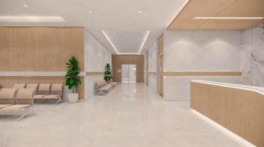 3D görüntüleme. İç hastane modern tasarımı. Tezgah ve Bekleme Alanı Boş Resepsiyon Tıbbi Konsept 44k