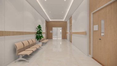 3D görüntüleme. İç hastane modern tasarımı. Tezgah ve Bekleme Alanı Boş Resepsiyon Tıbbi Konsept 44k