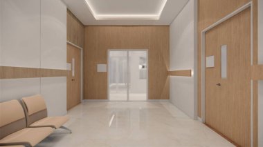 3D görüntüleme. İç hastane modern tasarımı. Tezgah ve Bekleme Alanı Boş Resepsiyon Tıbbi Konsept 44k