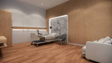3D görüntüleme. İç hastane modern tasarımı. Boş hastane yatakları ve boş acil servis tıbbi pratik konseptinde çeşitli ilk yardım ekipmanları.