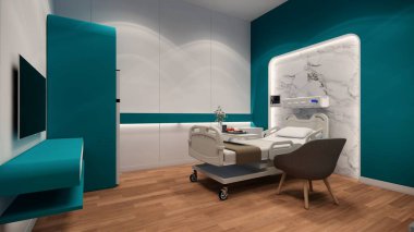 3D görüntüleme. İç hastane modern tasarımı. Boş hastane yatakları ve boş acil servis tıbbi pratik konseptinde çeşitli ilk yardım ekipmanları.