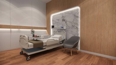3D görüntüleme. İç hastane modern tasarımı. Boş hastane yatakları ve boş acil servis tıbbi pratik konseptinde çeşitli ilk yardım ekipmanları.