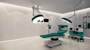 3D görüntüleme. İç hastane modern tasarımı. Boş hastane yatakları ve boş acil servis tıbbi pratik konseptinde çeşitli ilk yardım ekipmanları.