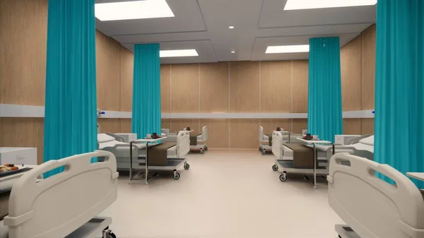 Renderowanie Wnętrze Szpitala Nowoczesny Design Wiersz Pustych Szpitalnych Łóżek Różnego — Zdjęcie stockowe