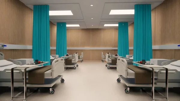 3Dレンダリング インテリア病院現代的なデザイン 空の病院のベッドの行と空の救急室の様々な応急処置医療機器医学の練習の概念 — ストック写真