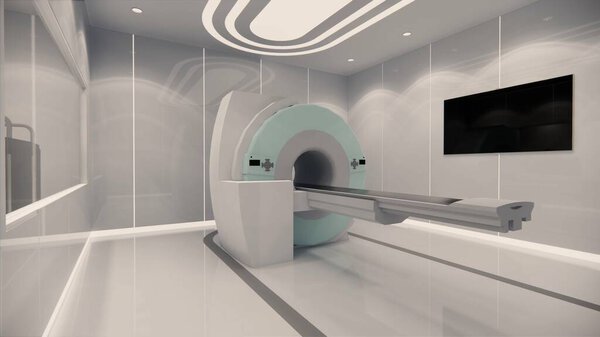 3d rendering. medical CT Scanner.Interior hospital modern design . various first aid medical equipment in empty emergency room Medical practice concept.4k