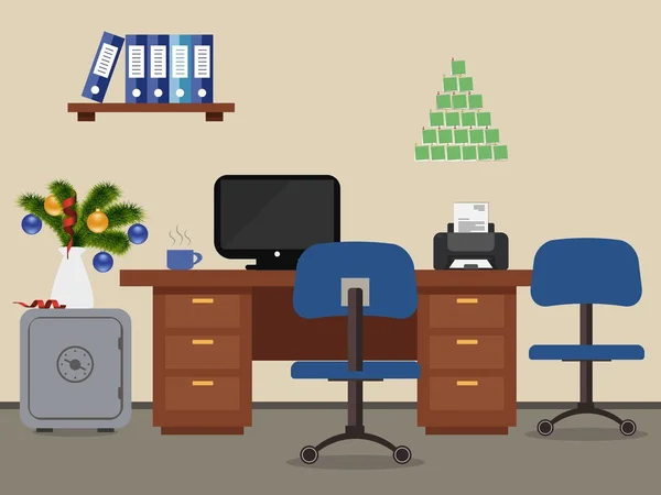 Lugar de trabajo del trabajador de oficina, decorado con decoración de Navidad — Vector de stock