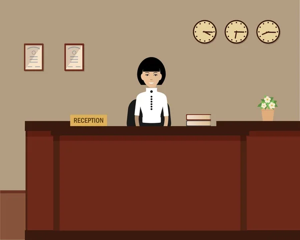 Young woman receptionist stands at reception desk — Stock vektor