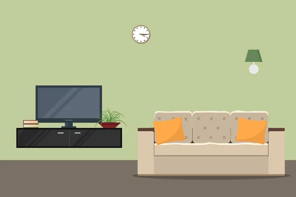 Vardagsrum i en grön färg med en soffa och ett hemmabiosystem — Stock vektor