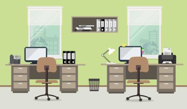 Yeşil bir arka plan üzerinde office işçilerin çalışma alanı