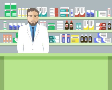 Bir eczacı Web afiş. Genç adam bir eczane işyerinde: ilaçlarla rafları önünde duran