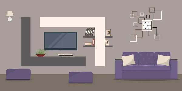 Bir kanepe ve bir ev sinema ile bej renklerde oturma odası — Stok Vektör