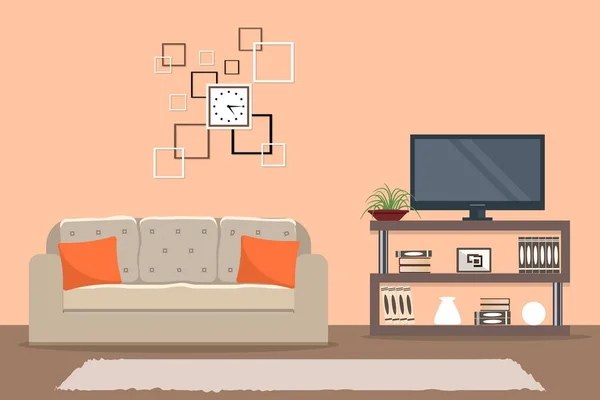 Living room in orange color with a sofa and a home cinema — Stock Vector