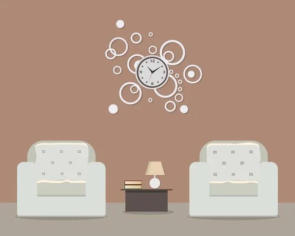 Living room in coffee color. There is a two white armchairs, a round clock on the wall and other objects in the picture — Stock Vector