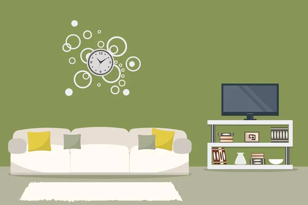 Sala de estar em cor de azeitona. Há um sofá branco, cinema em casa, um relógio redondo na parede e outros objetos na foto — Vetor de Stock
