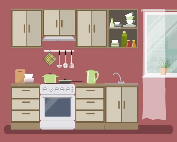 Cocina en color rojo. Hay un mobiliario beige, una estufa, un fragmento de ventana y otros objetos en la imagen — Vector de stock