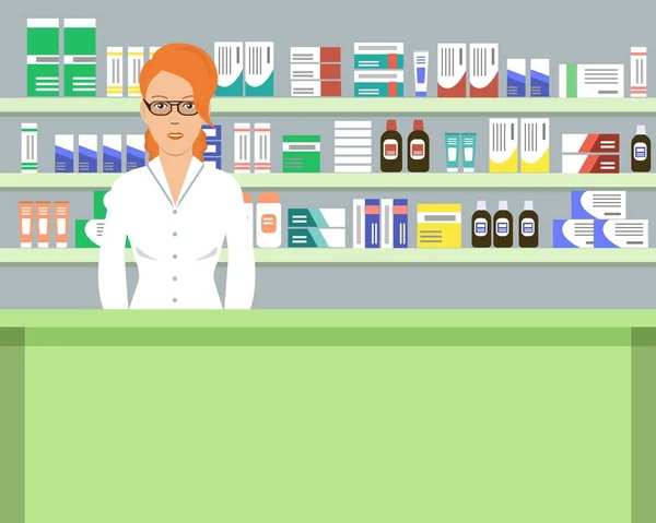 Banner web de un farmacéutico. Mujer joven en el lugar de trabajo en una farmacia: de pie frente a los estantes con medicamentos — Vector de stock