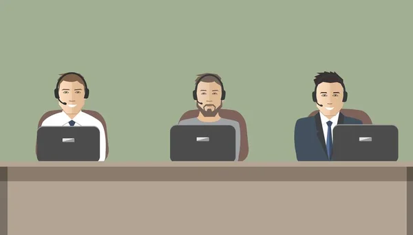 Web-Banner von Callcenter-Mitarbeitern. technischer Support. junge Männer mit Kopfhörern sitzen am Tisch — Stockvektor