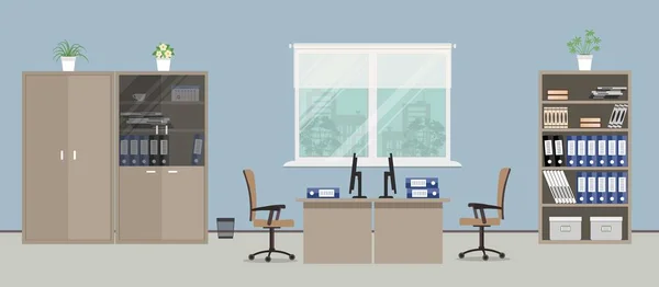 Místnosti úřadu v modré barvě. Existují tabulky, béžové židle, pouzdra na dokumenty a další objekty v obrázku — Stockový vektor