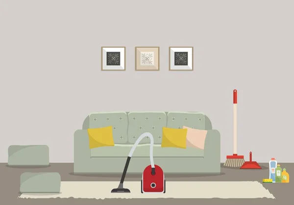 Oturma odasında temizlik. Ortada bir elektrikli süpürge, bir kanepe ile sarı bir yastık, bir sandalye ve diğer nesneleri resim — Stok Vektör
